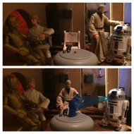 Ben taps the little droid on the head and Artoo begins to project the hologram onto the table before him. Luke doesn't notice this as his focus is still on repairing Threepio. LUKE: "I saw part of the message..." BEN: "I seem to have found it." Luke stops his work as the lovely girl's image flickers before his eyes. #starwars #anhwt #starwarstoycrew #jbscrew #blackdeathcrew #starwarstoypix #starwarstoyfigs #toyshelf

